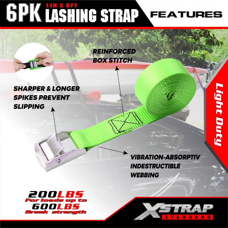XSTRAP STANDARD Cam Buckle Straps 6PK 8FT Powersports Tie-Downs 1-Inch Green Lashing Straps with Carry Bag, Best for Securing Cargo, Luggage, Kayak - Image 4